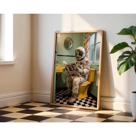 Funny Astronaut Bathroom Retro Space Moon Landing Surreal Nasa-Inspired Decor, Unframed Poster
