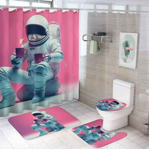 Funny Astronaut Bathroom Sets with Shower Curtain And Rugs, Incl with 12 Hooks，Toilet Lid Oval Rug