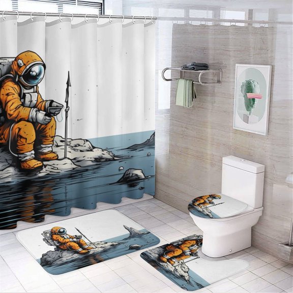 Funny Astronaut Bathroom Sets with Shower Curtain And Rugs, Incl with 12 Hooks，Toilet Lid Oval Rug
