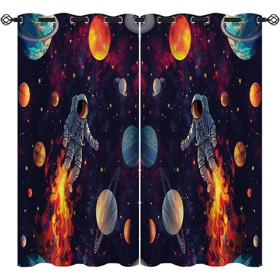 Funny Astronaut Blackout Curtains for Girls Boys Home Decor, Fantasy Galaxy Planets Starry Grommet Thermal Insulated Drapes Darkening Window Curtain for Bedroom Living Room, 42 x 45 Inch