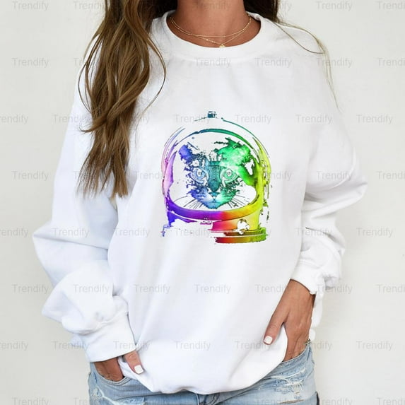 Funny Astronaut Cat Animal Sci-Fi Themed Retro Graphic Unisex Sweatshirt M390760, Up to Size 5XL