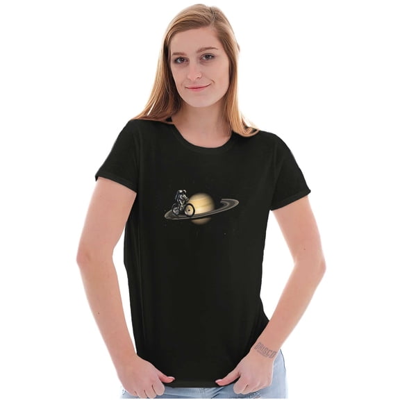 Funny Astronaut Saturn Bike Ride Womens Slim Fit Graphic Tee Brisco Brands L