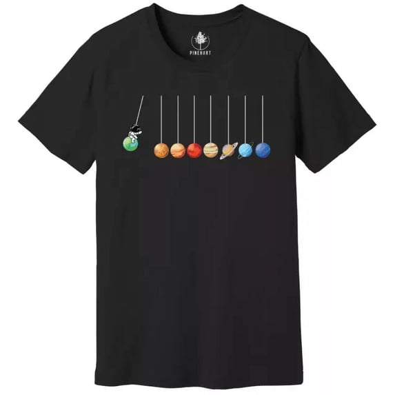 Funny Astronaut Solar System Newton's Cradle Graphic Tee - Science Physics Astronomy Space Planets Black Unisex Adult T-Shirt