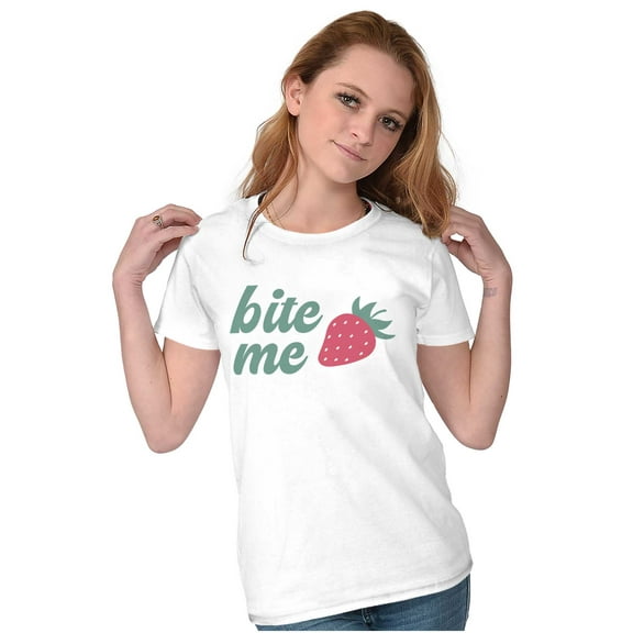 Funny Attitude Bite Me Strawberry Womens Slim Fit Graphic Tee Brisco Brands L