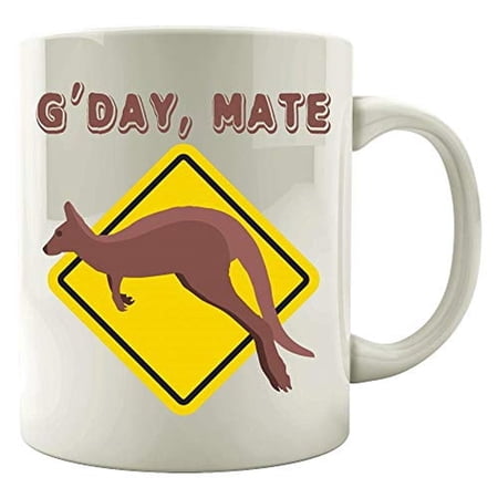 Aussie 11 oz Coffee Mug - G'Day Mate Australia Kangaroo Humor White Ceramic Gift