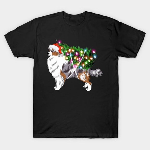 Funny Australian Shepherd Dog Xmas Tree Lighting Christmas Artwork Print, H27838 T-Shirt, for Men and Women, Up to Size 5XL