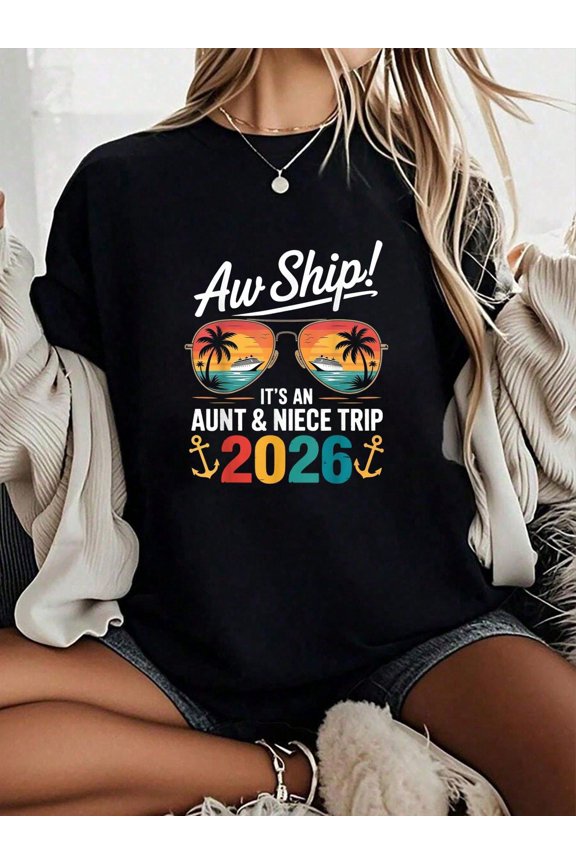 Funny Aw Ship Aunt and Niece Trip 2026 Retro Cruise Vacation Graphic T-Shirt Women's Family Travel Apparel Tee