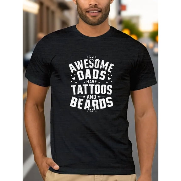 Funny Awesome Dad Tattoos Beards Graphic T-Shirt for Men Plus Size Casual Tee