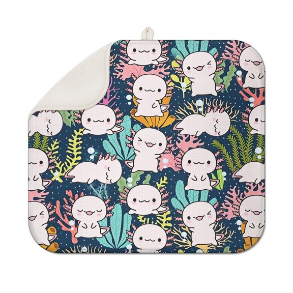 Funny Axolotl Kawaii Drying Mat - Ultra Absorbent Foldable Dish Rack Mat, Heat Resistant & Reusable Sink Pad, Perfect Gift for Mythical Creature Lovers & Small Kitchen Owners