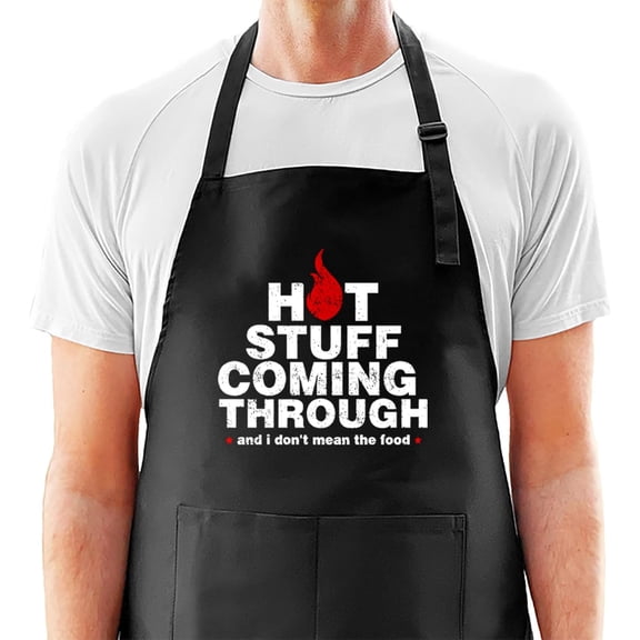 Funny BBQ Chef Apron for Men - Hot Stuff Coming Through Kitchen Apron with 2 Pockets - Black Aprons - Gift for Valentine's Day, Birthday, Father's Day