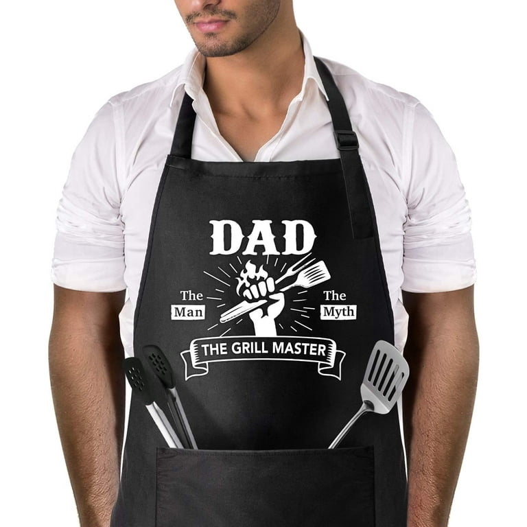  ERWYTYIOI Cooking Apron - Dad The Man The Myth The Grill Master  - Funny Aprons for Men with 2 Pockets Cooking Kitchen Aprons, Black Apron BBQ  Grilling Birthday Gifts for Men