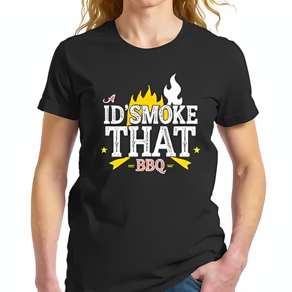Funny BBQ Graphic Cotton Short Sleeve T-Shirt - 'I'd Smoke That' with Vintage Flame Design