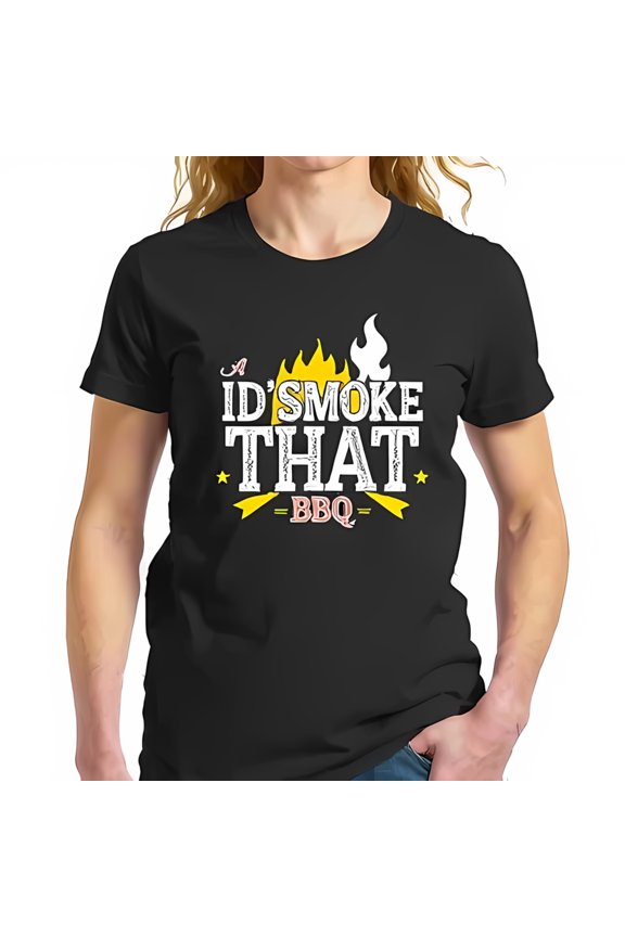 Funny BBQ Graphic Cotton Short Sleeve T-Shirt - 'I'd Smoke That' with Vintage Flame Design