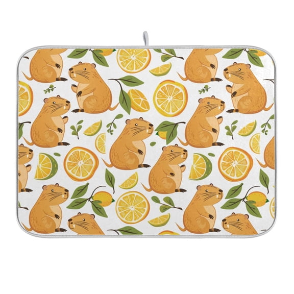 Funny Baby Capybaras and Orange Dish Drying Mat 16x18 Absorbent Microfiber Draining Rack Pad for Kitchen Counter Sink