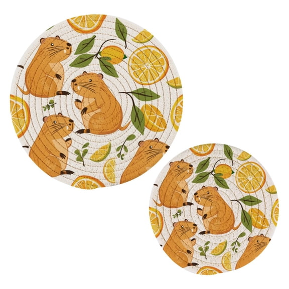 Funny Baby Capybaras and Orange Pot Holders Trivets Set of 2 Cotton Hot Pads Mats for Hot Dishes Pots Pans Kitchen Cooking 7" 9.5"