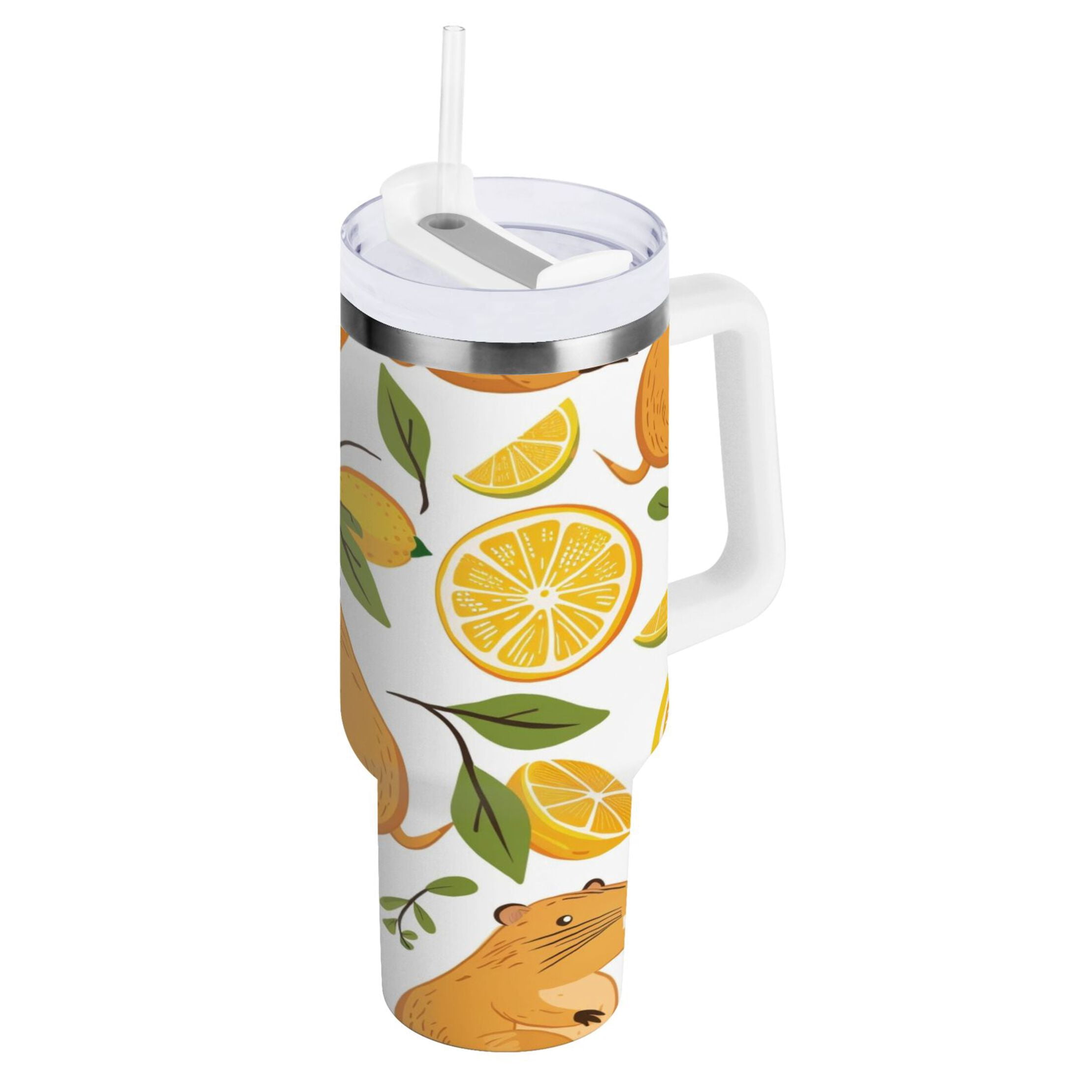 Funny Baby Capybaras and Orange Tumbler with Handle and Straw Lid 30 oz Insulated Vacuum Water Bottle Stainless Steel Travel Cup