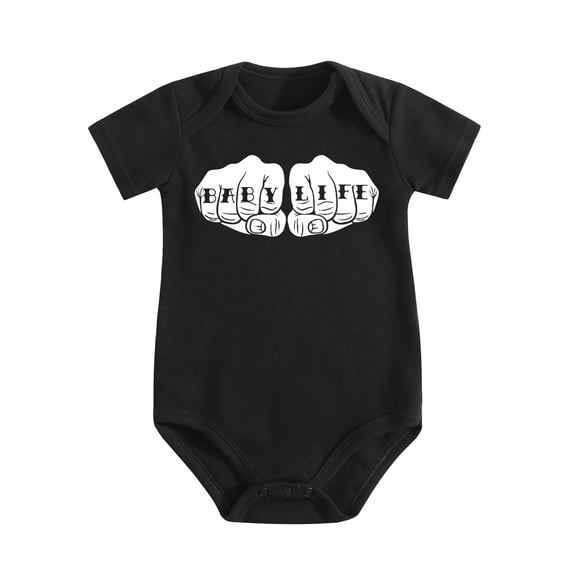 Funny Baby Life Knuckle Tattoo Baby Bodysuit – Short Sleeve Cotton Romper for Infant Boys Or Girls Black-style 6-9M