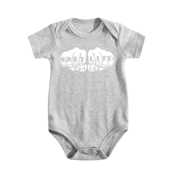 Funny Baby Life Knuckle Tattoo Baby Bodysuit – Short Sleeve Cotton Romper for Infant Boys Or Girls Light Gray-style 0-3M