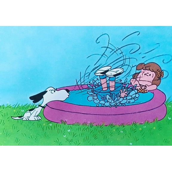 Funny Backyard Pool Scene Snoopy and Lucy Peanuts Cartoon Inspired Summer Water Splash Poster 16x24 UNFRAMED