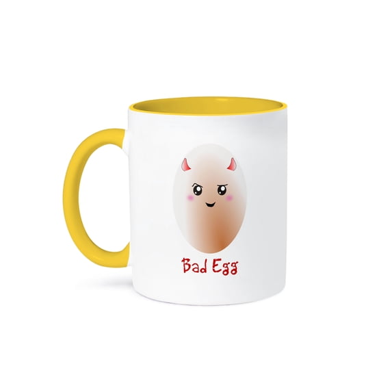 3dRose, Funny bad egg cartoon pun - fun cute kawaii egg with red little devil horns - adorable joke wordplay, 15oz Two-Tone Yellow Mug