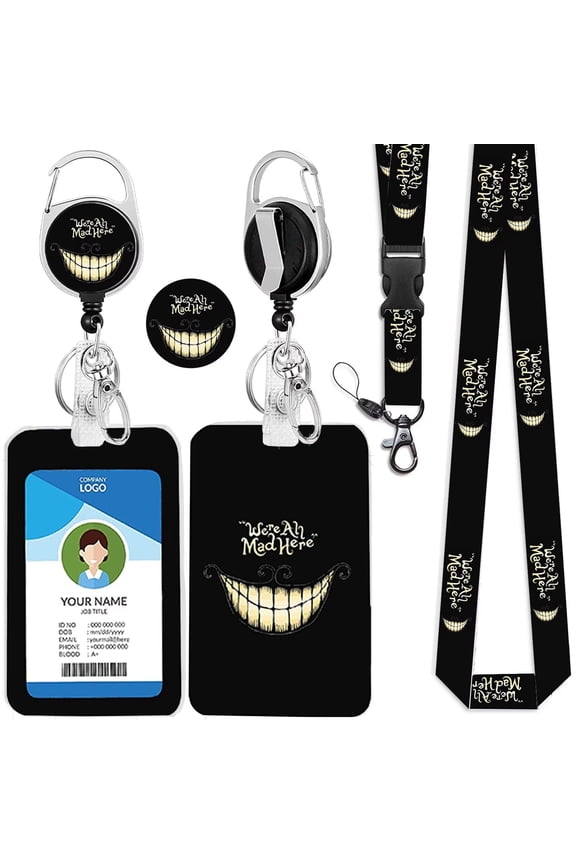 Funny Badge Holder with Lanyard,Halloween Alice in Wonderland Cheshire Cat We are All Mad Here Breakaway Lanyards for Id Badges Keys, Badge Reel Badge Clip Retractable for Teacher Nurse