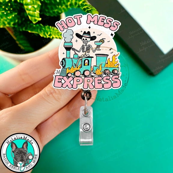 Funny Badge Reel, Hot Mess Express Skeleton Retractable ID Holder Clip, Heavy Duty Reel, Lanyard, Carabiner, MRI Safe, Gifts under 15