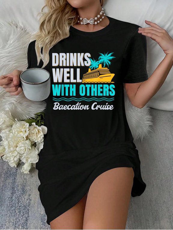 Funny Baecation Couples Cruise Vacay Drinks Well With Others T-Shirt Dress Summer Vacation Dress Casual Resort Wear
