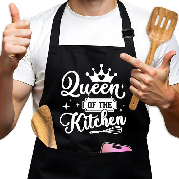 Funny Baking Aprons for Women, Queen of The Kitchen Black Chef Apron, Adjustable Kitchen Cooking Apron with Pockets, Valentine''s Day Gifts for Wife Baker, Mother''s Day Gifts for Mom Grandma