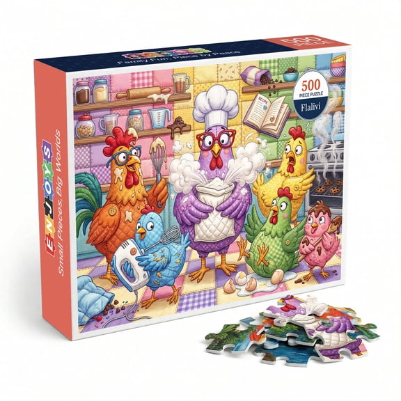 Funny Baking Chickens Jigsaw Puzzle for Adults 500 Pieces, Colorful Cartoon Kitchen Scene with Quilted Art Style, Premium Thick Cardboard with Perfect Fit, Relaxing Gift for Animal Lovers and Puzzle