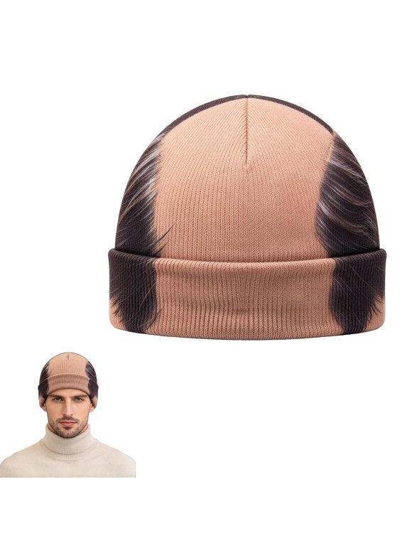 Funny Bald Head Beanie, Realistic 3D Printed Hair Illusion Hat for Men,Novelty Halloween Accessory, Comfortable Knit Cap for Parties, Photos and Cosplay