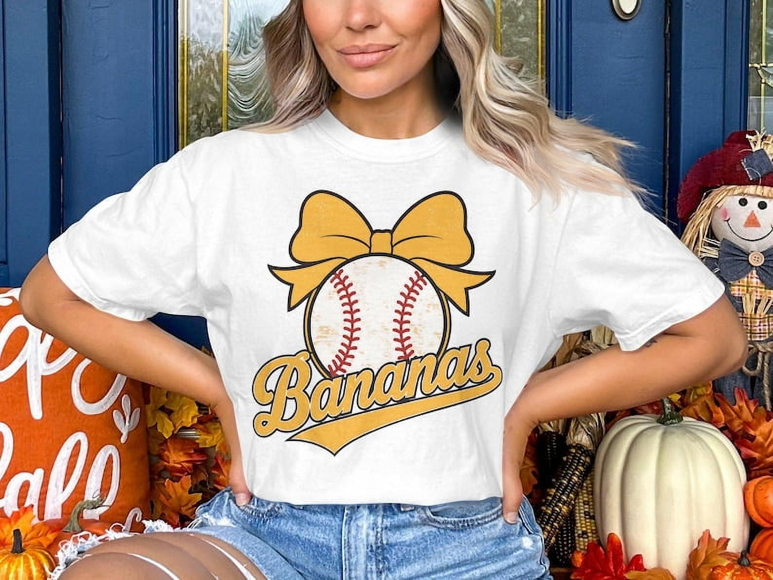 Funny Bananas Baseball T-Shirt, Coquette Bow Banana Lovers Shirt, Cute Baseball Fan Tee, Quirky Fruit Theme Shirt, Gift for Her or Him