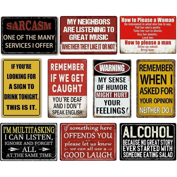 Funny Bar Signs for Home Bar Wall Art - Man Cave Decor Garage Signs for Men - Vintage Bar Metal Tin Signs 10-Piece Set - Basement Pub Wall Decor Gifts 8x12 Inch