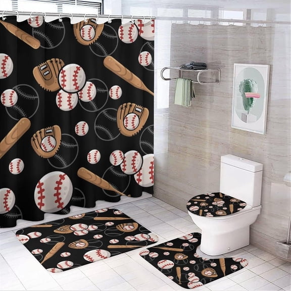Funny Baseball 4 Pcs Waterproof Shower Curtain Set Cartoon American Sports Theme Baseball Boys Room Decor with Waterproof Toilet Cover Shower Mat Rugs,72" W x 72" L