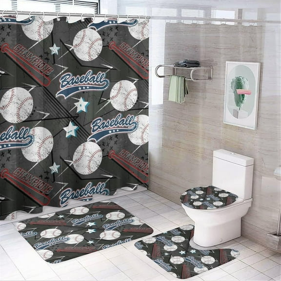 Funny Baseball 4 Pcs Waterproof Shower Curtain Set Cartoon American Sports Theme Baseball Boys Room Decor with Waterproof Toilet Cover Shower Mat Rugs,72" W x 72" L
