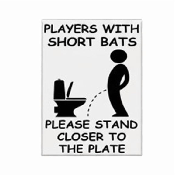 Funny Baseball Bathroom Sign Decor – Short Bats Stand Closer Metal Wall Art, 8 x 12 Inches, Iron Material, Ready to Hang with 4 Holes, Perfect for Home, Bar, or Gift