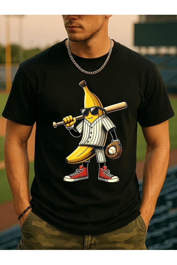 Funny Baseball Cotton Graphic Tee, Stylish Banana In Baseball Uniform With Bat, Glove & Sunglasses Print, Humorous Casual Crew Neck Short Sleeve Tee For Men