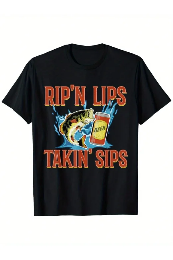 Funny Bass Fishing Rip'n Lips Takin' Sips Men's Graphic T-Shirt