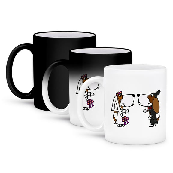 3dRose, Funny Basset Hound Dogs Bride and Groom Wedding Cartoon, 11oz Magic Transforming Mug