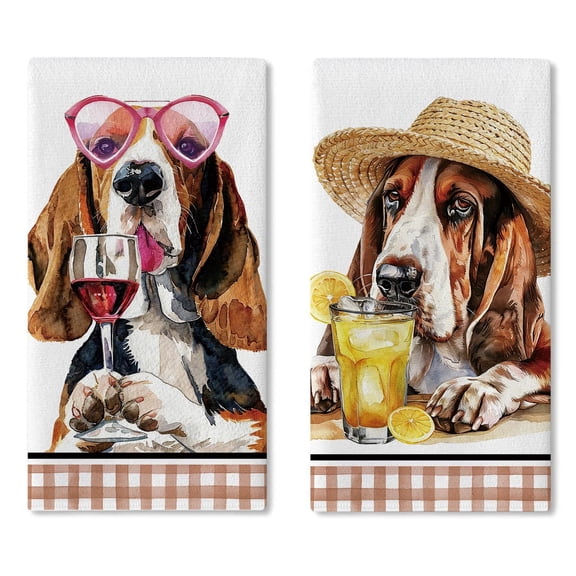 Funny Basset Hound Kitchen Dish Towels Set of 2, Wine Lemonade Drying Hand Towel Baking Cooking Cloth, Plaid Bar Pub Cafe Home Decoration Pet Dog Owner Lover Gifts 18'' x 26''