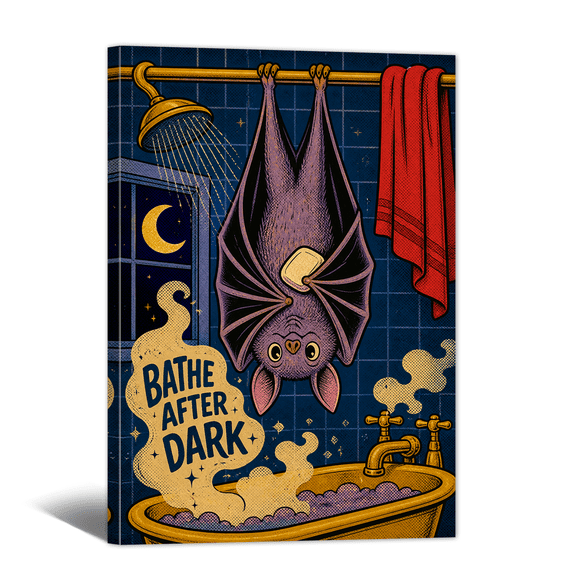 Funny Bat Taking Bath Canvas Wall Art with Bathe After Dark Quote Print, Whimsical Abstract Artwork Humorous Animals Painting for Home, Bedroom, Bathroom Wall Decor