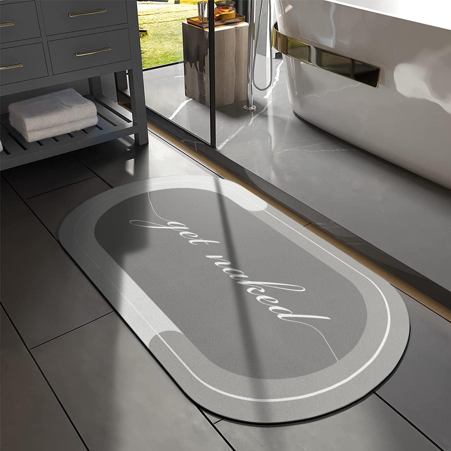 Funny Bath Mat 20"x32" Non Slip Quick Dry Super Water Absorbent Modern Oval Gray Bathroom Rug Rubber Backed Washable Thin Bathroom Rugs Fit Under Door
