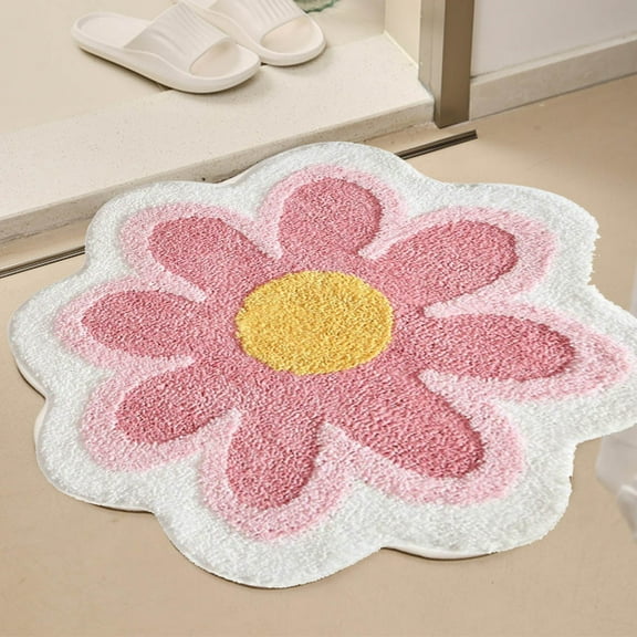 Funny Bath Mat Cute Flower Shaped Absorbent Bathroom Rug Soft Round Plush Rug for Shower Bathtub Bedroom Living Room