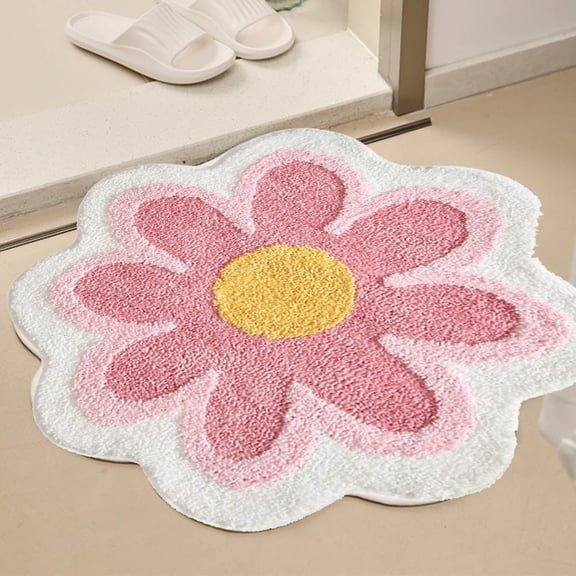 Funny Bath Mat Cute Flower Shaped Absorbent Bathroom Rug Soft Round Plush Rug for Shower Bathtub Bedroom Living Room
