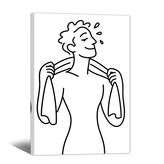 Funny Bath Taking Emoji Canvas Wall Art Minimalist Showering Picture Print, Black & Whiter Lined Artwork Humorous Painting for Home, Restroom, Bathroom Wall Decor