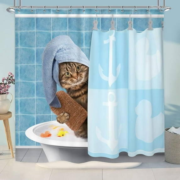 Funny Bathing Cat Shower Curtain 72Wx72H Kids Cute Cartoon Animal Kitten Yellow Rubber Duck Head 12 Pack Plastic Fabric Hooks Wrapped Bath Towel Blue Decor Fabric Polyester