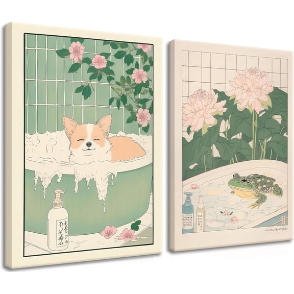 Funny Bathroom Animal Canvas Wall Art Set of 3, Black and White Raccoon Penguin Wall Decor Prints, Animals in the Bathtub Poster Picture for Bedroom Living Room Kids Room 12x16 Inch Framed