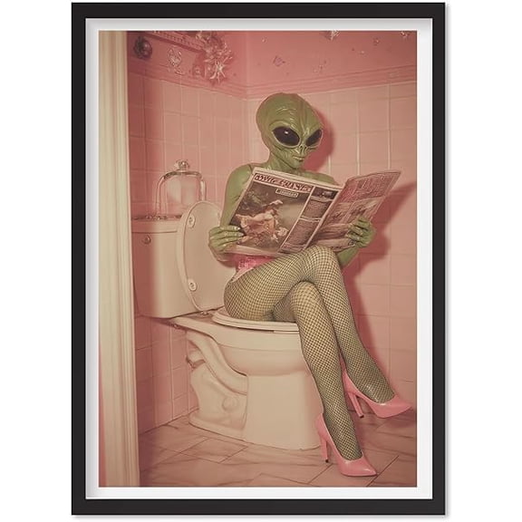 Funny Bathroom Art Print | Alien Poster | UFO Wall Art | Creature on Toilet | 1970s Decor | Weird Artwork | Beam Me up Susie