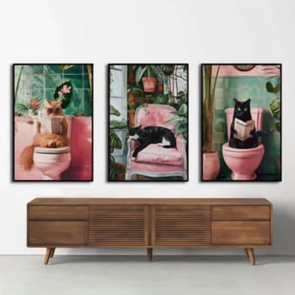 Funny Bathroom Art Set of 3, Cat on Toilet Poster, Maximalist Pink and Green Botanical Decor, Quirky Newspaper Print, Eclectic Room Art, Poster Only