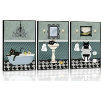 Funny Bathroom Black Cat Canvas Wall Art Vintage Cat Taking Bath Reading Newspaper Poster Print Modern Blue Bathroom Decor Pictures Painting for Toilet Laundry Room Artwork Unframed