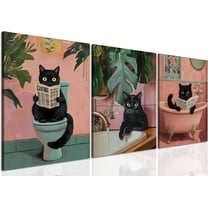 Funny Bathroom Black Cat Wall Art Set of 3, Cute Animal Wall Decor Maximalist Pet Cat Canvas Poster Prints Aesthetics Whimsical Quirky Room Decor Pictures Framed 12x16 inch